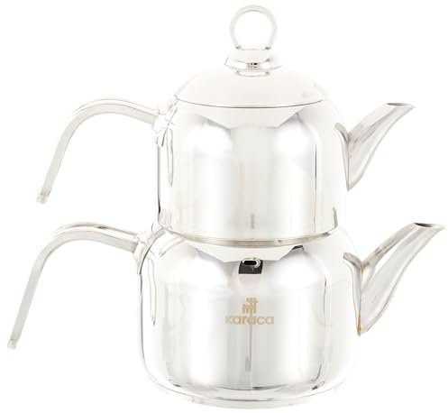 Karaca Manes Stainless Steel Induction Teapot Set, Mini, Teapot & Lid (0.85L), Tea Kettle (1.20L), Metal