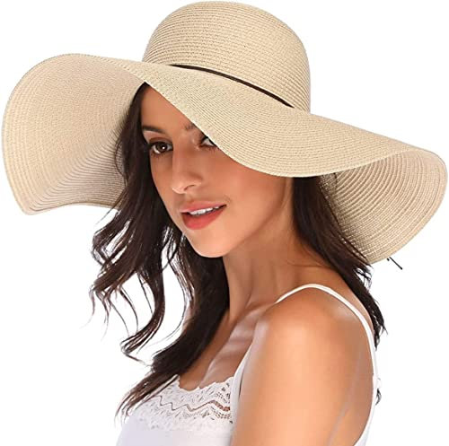 Lanzom Chapeau de paille pliable à large bord, pour femme, avec protection SPF 50+, Taille unique