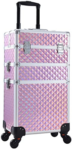 Adazzo 3 in 1 Professioneller Rolling Makeup Zug Koffer Aluminium Trolley Koffer mit 360° drehbaren Rädern für Makuep Künstler Kosmetik Koffer Organizer mit Schloss und Schlüssel Diamantmuster,