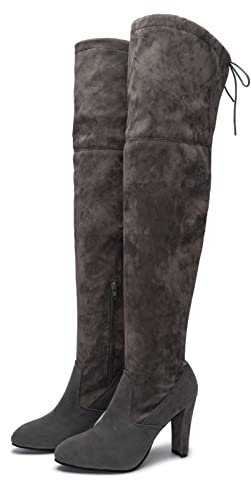 Remxi Stivali da donna sopra il ginocchio stivali alti coscia stivali lunghi con zip elastica stivali tacco alto per le donne, Grigio, 37 EU