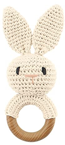 ISAKEN Greifling Baby Rassel Handgemachte Häkelrassel für Babys, Bärchen Greifling Gehäkelt mit Rassel, Häkelrassel Holzring Holzspielzeug Baby Greifling Rassel für Junge & Mädchen