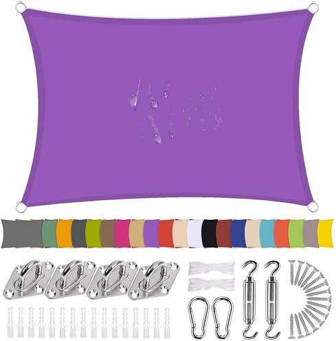 Ziligengsheng Sonnensegel Rechteck 4 x 6m Wasserdicht Sonnenschutz Balkon Terrasse mit Montagezubehör PES Polyester 98% UV-Schutz Reißfest Wetterfest für Garten Outdoor,Violett