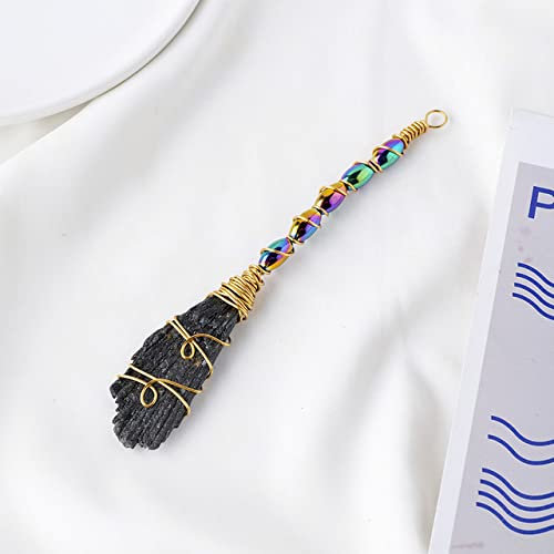 Escoba de Cristal Natural, turmalina Negra, Aura Blaze, Forma de Pluma Azul, barredora de Bricolaje, Adornos de brujería, Escoba Negra