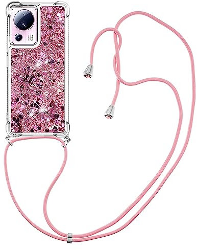 Ysnzaq Handykette Hülle für Xiaomi 13 Lite 6.55, Quicksand Glitzer Flüssig Silikon Hülle mit Umhängenband Verstellbarer Halskette Handyhülle für Xiaomi 13 Lite. YGL Rose Gold