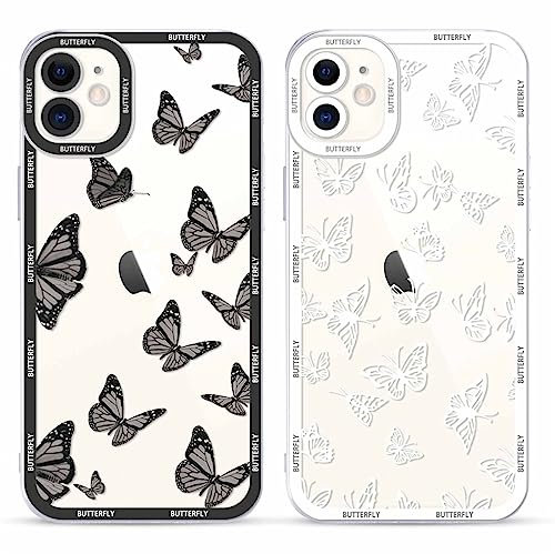 Yoedge 2 Stück Transparent HandyHülle für Apple iPhone 11 Hülle Schmetterling 6,1, TPU Silikon Schutzhülle für iPhone 11 Case 3D Schwarz Butterfly Muster Aesthetic Mädchen Frauen Durchsichtig Cover