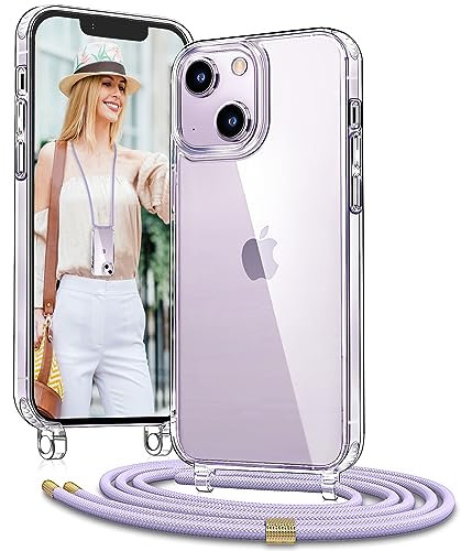 Vaykwo Handykette mit Band für Apple iPhone 14 Hülle und iPhone 13 Hülle - Necklace Handyhülle - Transparente Case zum Umhängen mit Kameraschutz und Bildschirmschutz - Lila