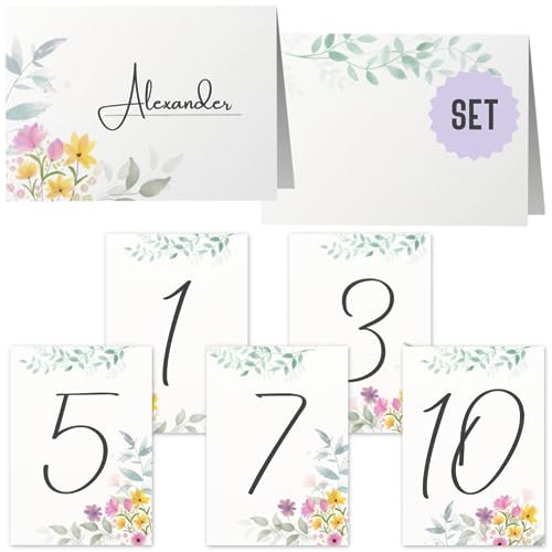 Tischkarten Namenskarten zum beschriften Hochzeit Geburtstag Konfirmation Kommunion Taufe Feier (Namenskarten (50 Stück) + Tischnummern Pastell Blumen)