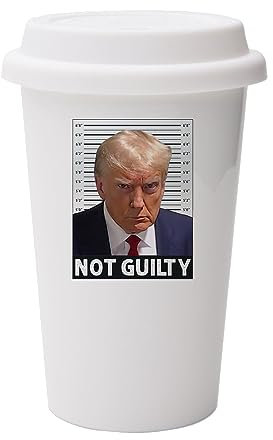 Getagift Trump Mug Shot Mug Dual Wall Eco Insulated White Ceramic Travel Mug, with White Lid.