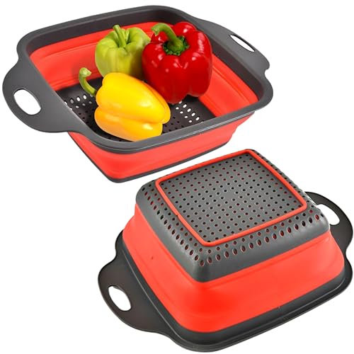 Colador cuadrado plegable con asas, colador de cocina de silicona cuadrado rojo con asas de plástico, colador de cocina plegable perfecto para drenar pasta, verduras y frutas, rojo
