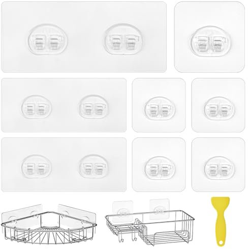 ADERTOS 12 PCS Shower Caddy Adhesive Hooks Clear Shower Caddy Sticky Pads Shower Caddy Adhesive Sticker Strips Strong Sticker Hooks Heavy Duty Wall Hooks for Corner Shelf Basket (Double & Single Hook)