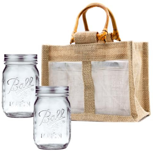 Regular Mouth Ball Mason Jars 16 oz (2-Pack) and Jute Bags with Handles - Canning Jars with Lids - For Fermenting, Canning, Pickling, Freezing, Storage - Ball Jars with Airtight Lids