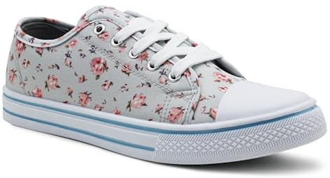 DEK Womens Ladies Canvas Lace Up Denim Floral Baseball Sneakers Casual Flat Plimsoll Trainers Fashion Pumps