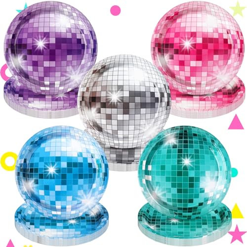 FillTouch 50 Pcs 70s Disco Party Plate 9 Inch Disco Ball Paper Plates Retro Party Decorations Disposable Dinner Plates for Birthday Wedding Rock Roll Dance Music