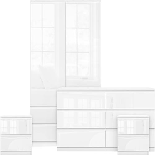 Blisswood Bedroom Furniture Set With 2 Door Wardrobe 6 Drawer Chest of Drawer + 2 Drawer 2 Bedside Table Cabinet Bedroom Set for 4 Piece Bedroom Storage furniture Set, White