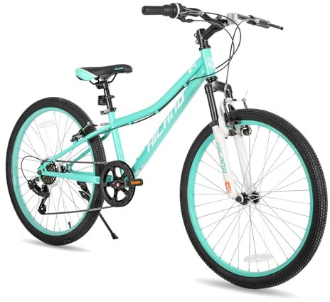 Hiland 24 Inch Kids Bike, 7 Speed Kids Mountain Bike, Youth Boys Girls Mountain Bicycle with Suspension Fork V-brake, Mint Green