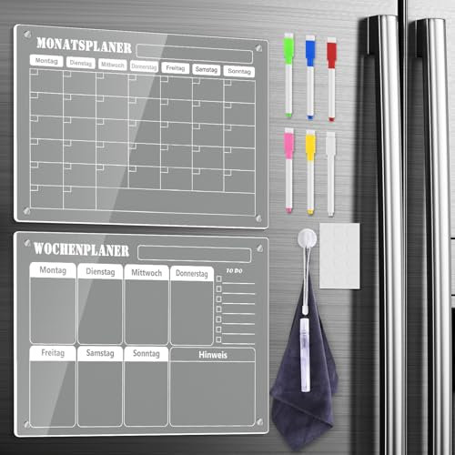 Acryl Kalender für Kühlschrank, 2 Stück Magnetischer Wochenplaner Abwischbar und Acryl Monatsplaner Magnetisch Deutsch, Durchsichtig Kühlschrank Magnettafel Familienplaner Haushaltsplaner To Do Liste