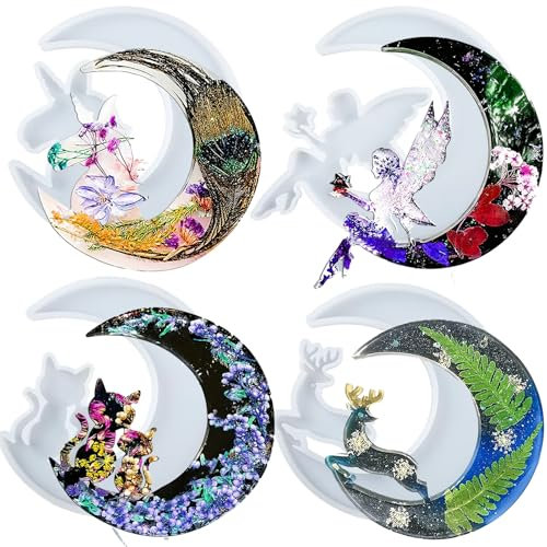 Stampi in resina, 4 pezzi a mezzaluna luna, luna, unicorno, luna, fulvo, luna, gatto, luna, angelo, 3D, fai da te, resina epossidica, per pareti, arte, casa, ufficio, camera da letto, giardino, idea