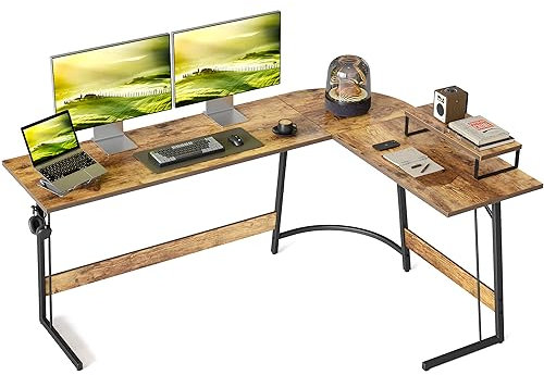 Cubiker Mesa de gaming, 170 x 120 x 75 cm, escritorio con soporte para monitor, escritorio de esquina, escritorio para juegos en forma de L, mesa para ordenador, color marrón vintage
