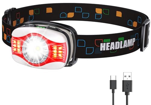 Glangeh Lampe Frontale LED Ultra Puissante, 6 Modes d'Éclairage & Lumière Blanche et Rouge, Torche Frontale Rechargeable Portable 45° Réglable, IPX4 Étanche Accessoire Camping/Cyclisme/Randonnée/Pêche