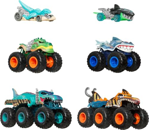 Hot Wheels Monster Trucks, Shark and Dinosaur Multipack avec 2 Gros camions, 2 camions Monstres à l'échelle 1:64 et 2 Hot Wheels à l'échelle 1:64, JGD68
