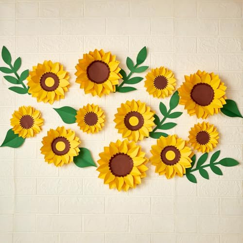 EASY JOY 11Pcs Sunflower Decorations for Wall 3D Large Artificial Sunflower Yellow Paper Flowers with Green Leaves for Baby Showers Birthday Home Summer Garden Afternoon Tea Bee Party Decorations