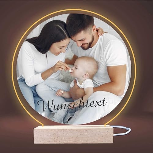 INDIGOS UG - LED Lampe personalisiert - Nachttischlampe - rund - mit Foto & Wunschtext - personalisierte Geschenke - Fotogeschenke Acrylglas 14x14 cm - optional warmweiss