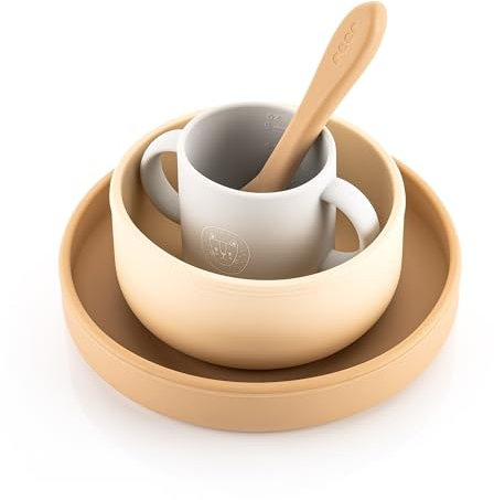 reer Silikon Geschirrset| Kinder-Geschir | 4-teilig – Teller, Schale, Becher & Löffel | lebensmittelechtes Silikon | geeignet für Backofen, Mikrowelle & Gefrierschrank |spülmaschinengeeignet |beige