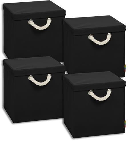 Storanda | 4er Set Aufbewahrungsbox mit Deckel | Kordel Griffband | Stabile & Faltbare Boxen | Regalboxen für Würfelregal Kallax | Ideal für Zuhause & Kinderzimmer | 31x31x30 cm | Schwarz