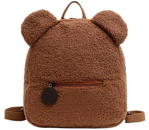 XAGMODSHN Schöner Plüsch-Rucksack, Fleecetasche, tragbar, für Kinder, Reisen, Einkaufen, Schultasche, Kinder für Damen, coffee, 27*13*28cm