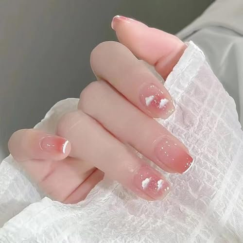 24PCS Cute White Cloud Press on Nails – Almond Shape Full Cover Acrylic Fake Nails, Elegant & Durable, Comfortable Fit for Women, Easy DIY Nail Art