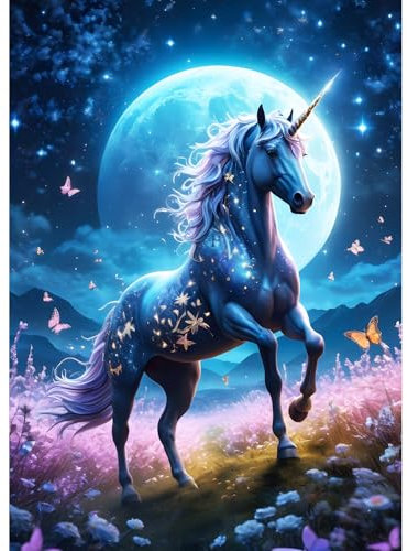 QQYRHN 5D Fantasie Einhorn Diamond Painting Kit für Erwachsene Anfänger Wilde Blumen Diamant Kunst Kits Vollständiges DIY Mondnacht Diamantstickerei-Set Perfekt zur Entspannung und Dekoration 30x40cm