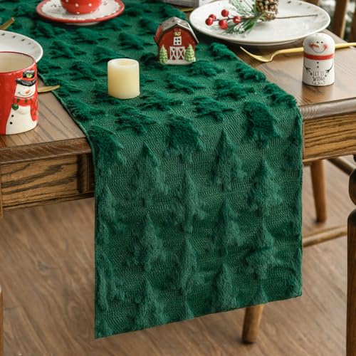 Artoid Mode Weich Plüsch Samt kunstfell Felloptik Grün Kiefern Baum Weihnachten Tischläufer, Winter Küche Tisch Urlaub Party Dekor 33x153 cm