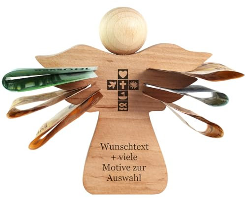 Geschenkissimo Engel aus Holz personalisiert - Gravur mit Name, Datum, Spruch, Widmung + Motiv - Holzengel zur Kommunion, Konfirmation, Firmung, Taufe, Geburt ... individuelles Geschenk