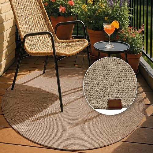 Astra Robuster Outdoorteppich rund - Beidseitig nutzbarer Teppich Innen und Außen - Handgenähter-Teppich Balkon, Terasse, Garten - Beige rund Ø 150 cm