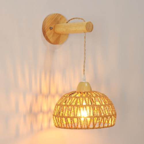 Mckalen E27 Aplique de Pared de Madera y Cuerda Ratán (Sin Bombillas) | Lámpara de Pared E27 Luz de Pared con Cuerda Ratán de Lámpara Jaula Estilo con Dormitorio Sala de Estar Cocina Pasillo