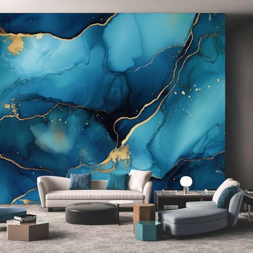 Générique Papier Peint Panoramique Marbre - Papier Peint Bleu et Or Moderne - Deco Chambre Salon - Fresque Murale - Wallpaper - 300x210 cm A-1978