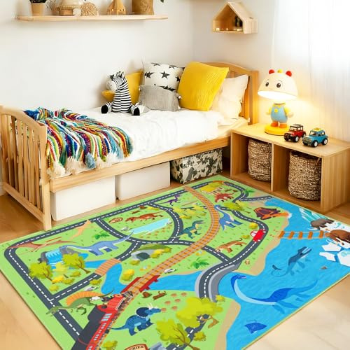 Rezutan Teppich Kinderzimmer, Dino Spielteppich Kinder für Junge,Waschbar & rutschfest Kinderteppiche für Spielzimmer, Kinderzimmer, Schlafzimmer, Klassenzimmer, 120X160cm