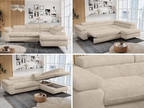 MKS MEBLE Ecksofa Wohnlandschaft L-Form mit Schlaffunktion und Bettkasten, Schlafsofa mit Bettkasten, Sofa mit Einstellbare Kopfstützen, Peter L - Plüsch - Rechts Creme (mit Topper Visco)