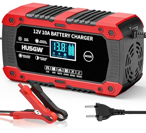 Husgw Chargeur de Batterie 12V10A, Chargeur Batterie Lithium Polyvalent, LiFePO4 Batterie Portable Voiture avec Réparation Automatisée, Maintien Charge pour Voiture/Moto/Tondeus/AGM/Gel/Wet/SLA