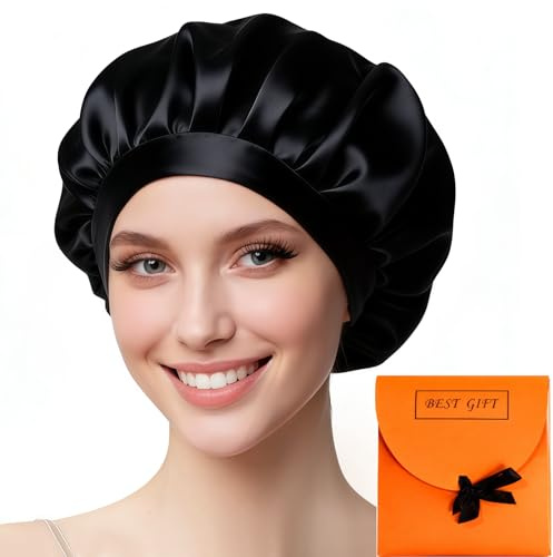 Seide Schlafmütze mit Elastischem Band, Atmungsaktive Schlafhaube aus Seide, Weiches Verstellbare Satin Schlafkappe, für Damen und Mädchen Für kurze Haare geeignet, Haarbruch Vorbeugen, Schwarz