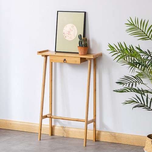 Table console en bambou avec tiroir, table d'entrée de 85 cm de haut avec pieds inclinés et bord surélevé, table d'appoint de canapé étroite pour couloir, salon, chambre à co Primary color 70*24*85cm