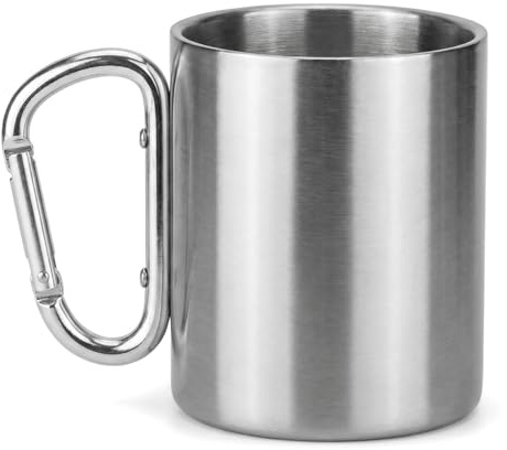 Taza Acero Inoxidable 300ml con Mosquetón, Taza Termica de Doble Pared Antigoteo para Cafe y Te, Vaso Portátil Ligero y Resistente para Camping, Senderismo, Montaña, Viajes y Oficina, Plata