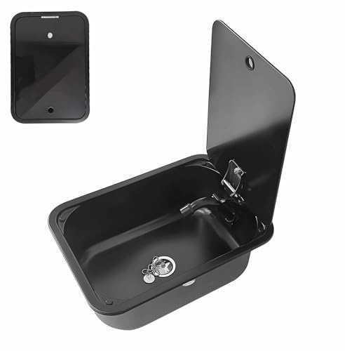 Fregadero Camper, Fregadero Cocina Exterior con Grifo Plegable y Tapa de Cristal, Incluye Desagüe, de Acero Inoxidable, Apto para Caravanas
