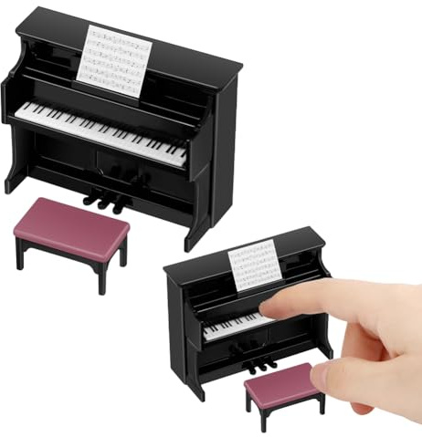 DICOSMETIC 2 Stück Mini Puppenhaus Klavier Schwarz Miniatur Klavier mit Hocker Kleines Aufrecht Klavier Vintage Musikinstrument Für Puppenhaus Wohnzimmer Klassenzimmer Deko