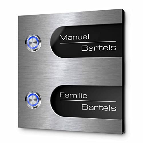 Mehrfamilien Türklingel mit Gravur und 2 LED-Klingelknöpfen 12x13 cm | Modell: Bartels-Aa | gravierte Klingel aus Hochglanz Acrylglas und Edelstahl Klingelschild Klingelplatte
