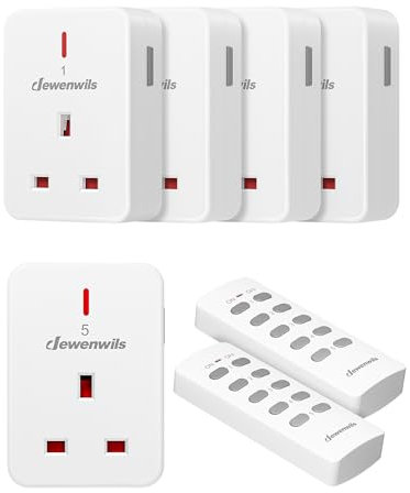 DEWENWILS Remote Control Plug Socket, 13A/3120W Heavy Duty Wireless Light Switch, 30m/100ft Long Range, Programmable, CE and RoHS Listed, 5 Pack Sockets and 2 Remotes