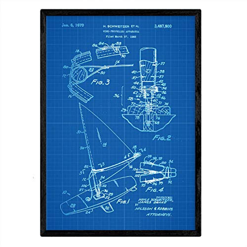 Nacnic Poster Patent Surfbrett. Blatt mit altem Design-Patent A3-Format mit blauem Hintergrund