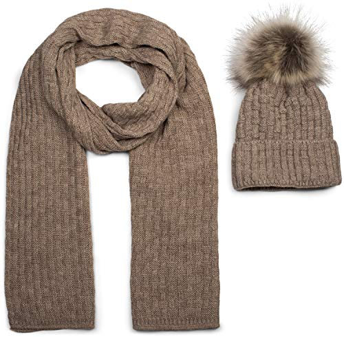 styleBREAKER Unisex Strick Schal und Mütze Set mit Flecht Muster, Thermo-Fleece Innenfutter, Winter 01018212, Farbe:Braun meliert