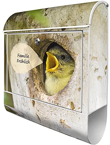 banjado® Design Briefkasten personalisiert mit Blaumeise 38,5x46,5x13cm & 2 Schlüssel - Briefkasten Stahl weiß mit Zeitungsfach pulverbeschichtet - Postkasten A4 Einwurf inkl. Montagematerial