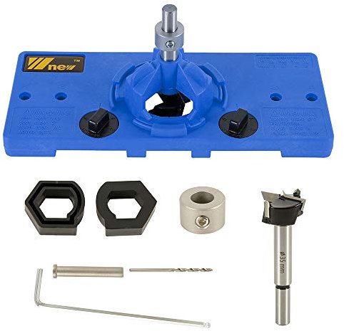 Gabarit de Perçage Charniere Invisible 35 mm Gabarit de Trou Charniere Guide de Perçage Charniere avec Support Butée de Profondeur Clé Hexagonale pour Menuiserie Travail du Bois (Bleu)